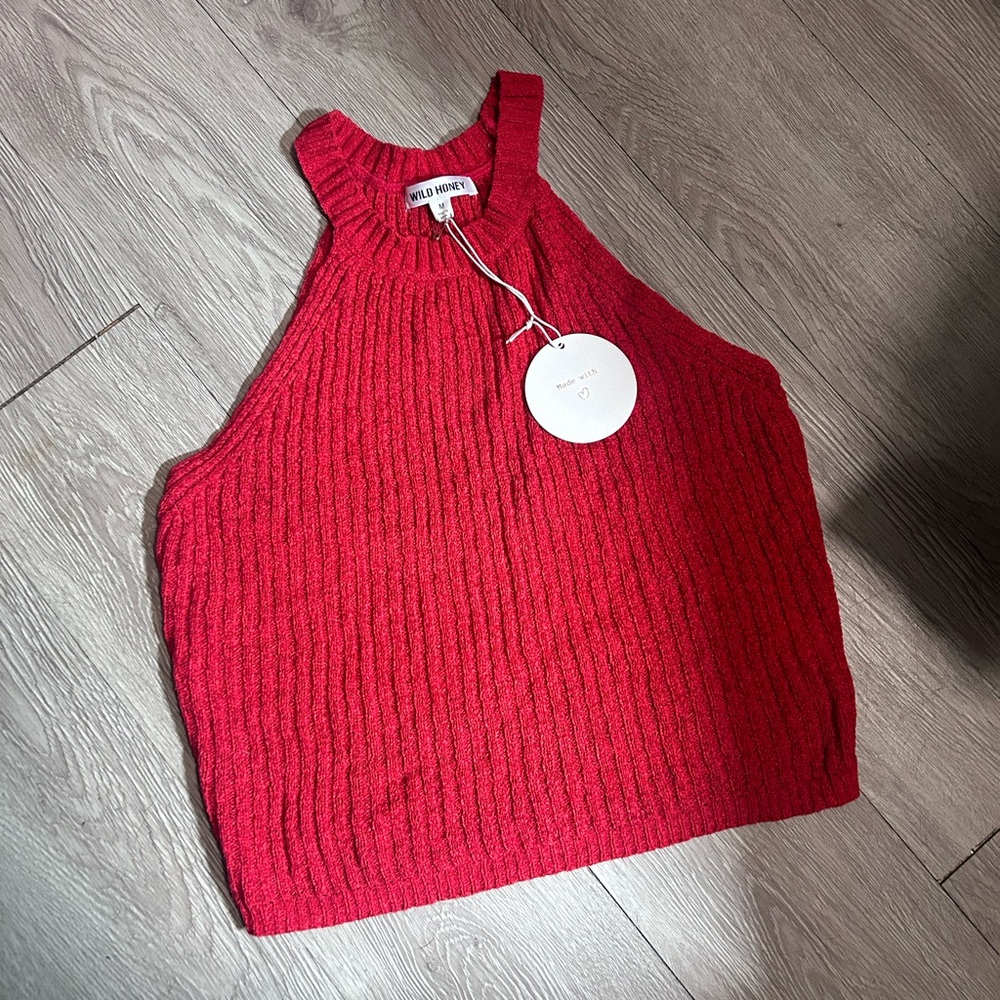 Wild Honey Red Ribbed Halter Crop Top